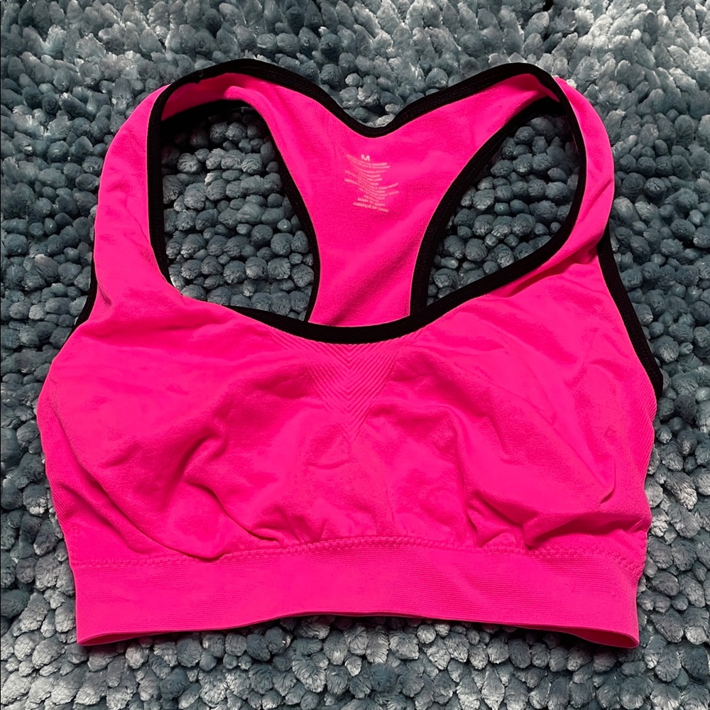 Women's size Medium Hot Pink with Black Trim Razor Back Soft Stretchy Sports Bra